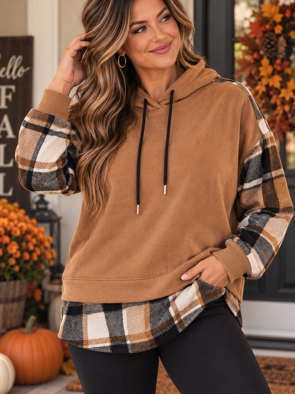 SHEIN Camel Plaid Hooded Pullover with Contrast Sleeves Size Large